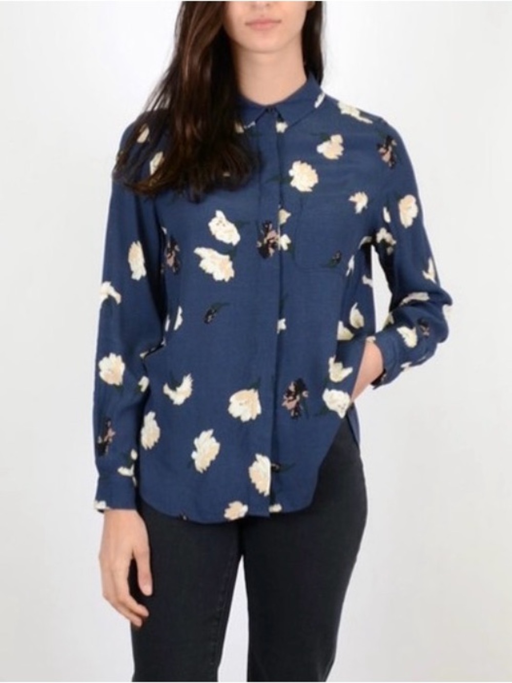 GANNI Blue Carnation Floral Crepe Shirt Blouse S Boho Cottagecore Top Sz Medium